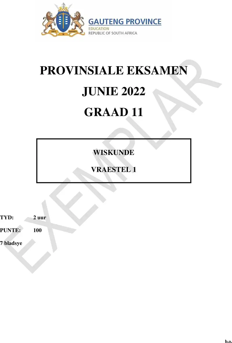 Grade 11 Mathematics past paper 2022 – grade 11 provincial exam mathematics p1 afr june 2022 qp