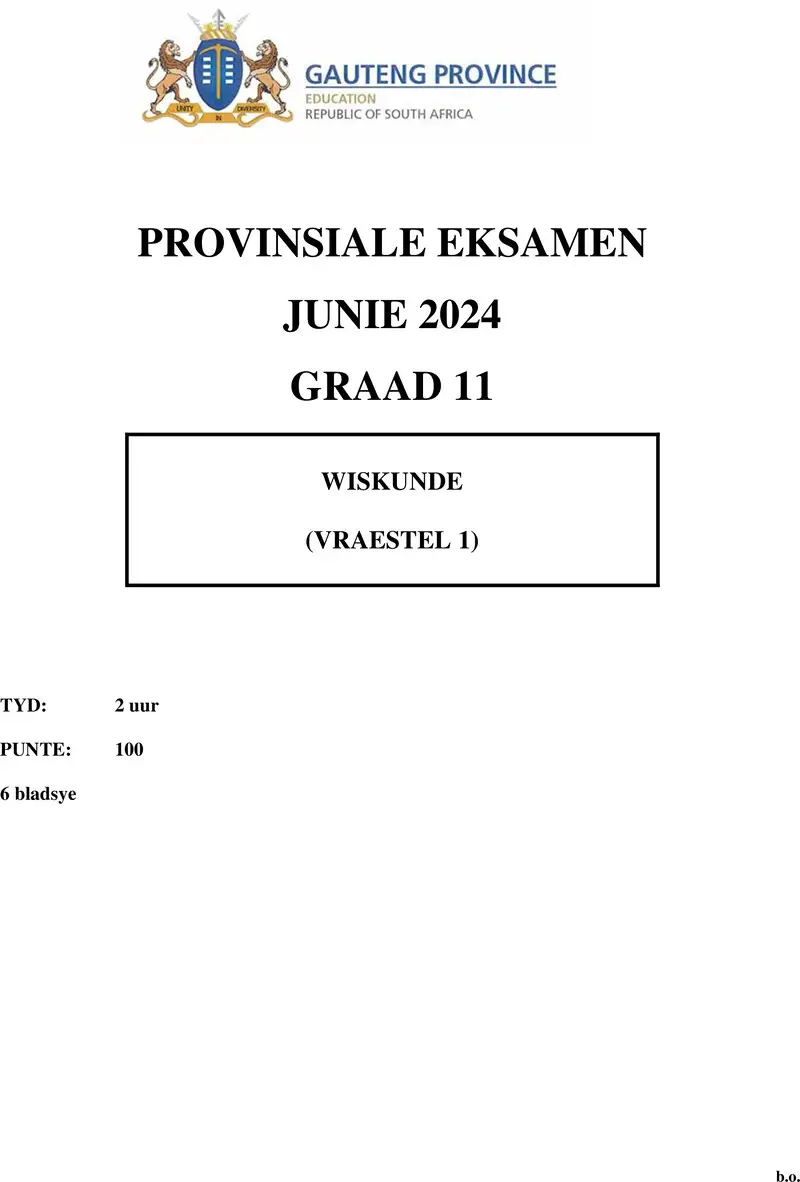 Grade 11 Provincial Exam Mathematics P1 Afr June 2024 QP