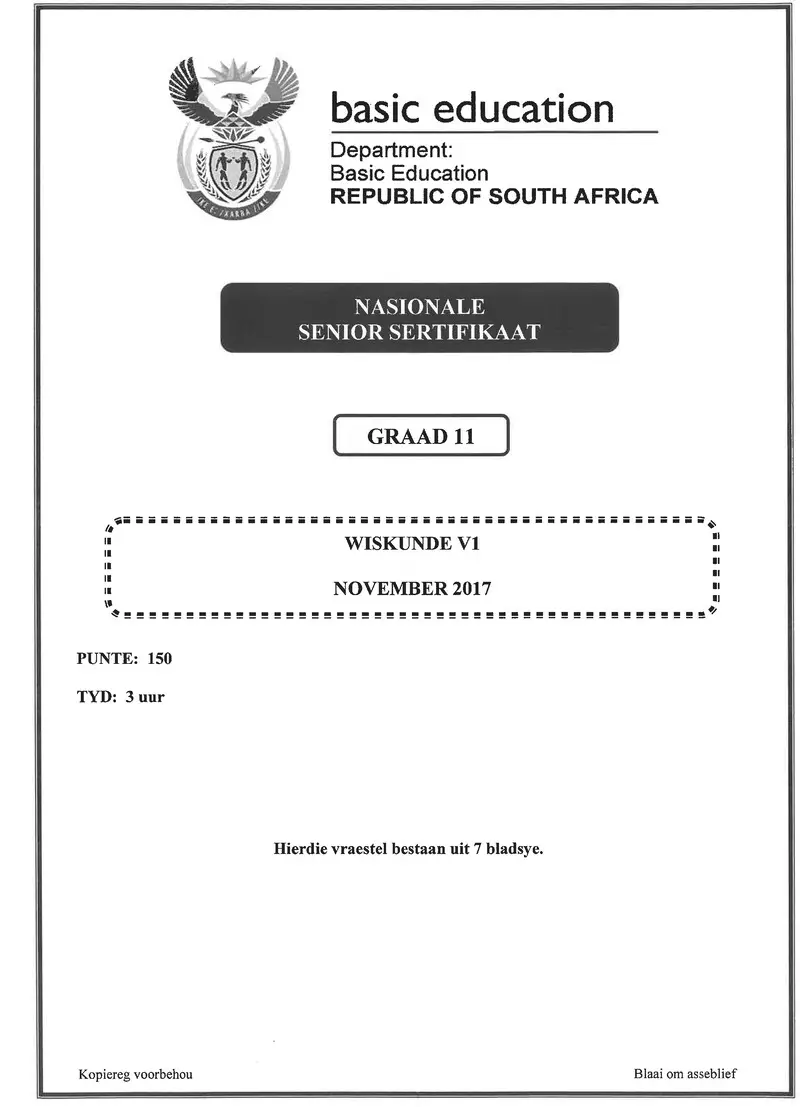 Grade 11 Provincial Exam Mathematics P1 Afr November 2017 QP