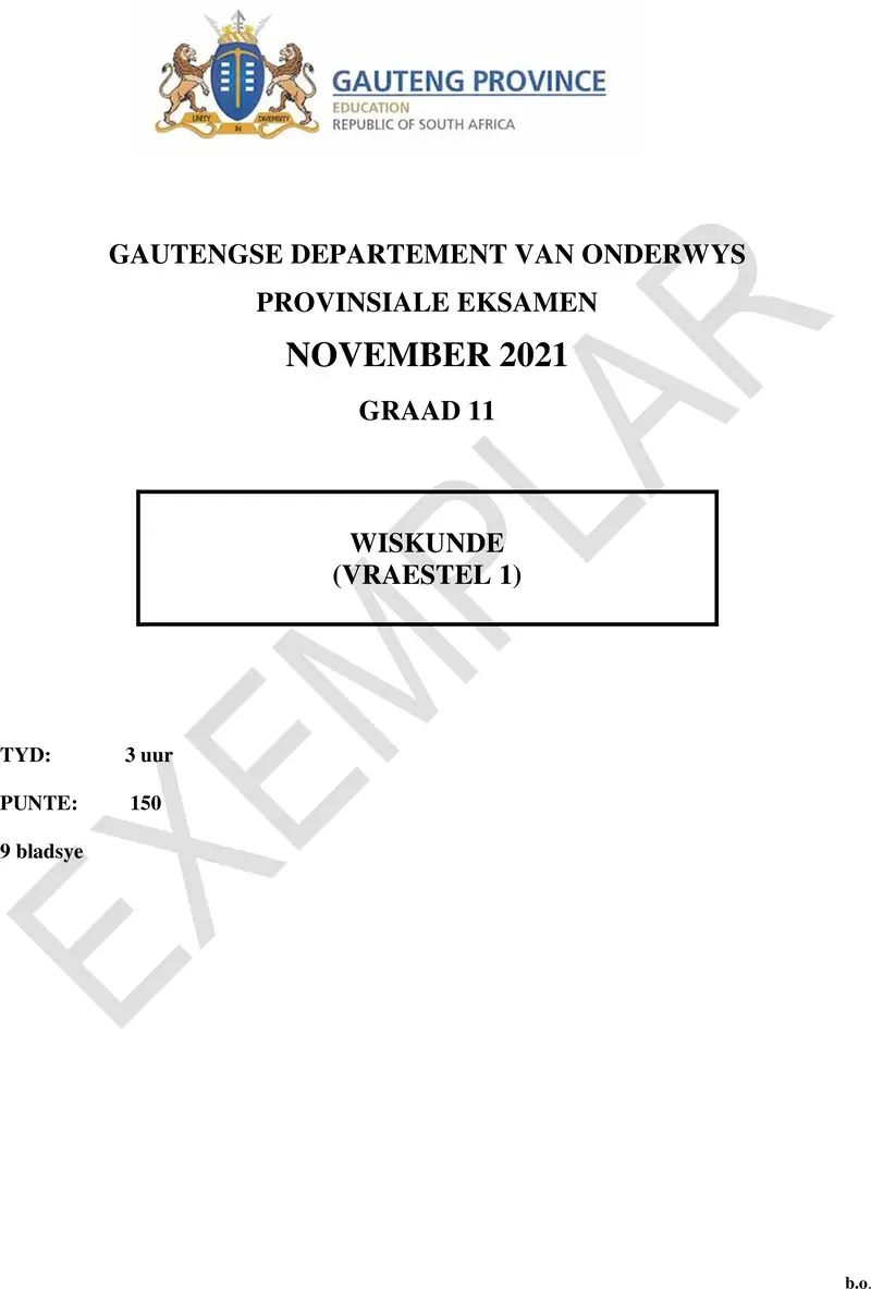 Grade 11 Provincial Exam Mathematics P1 Afr November 2021 QP