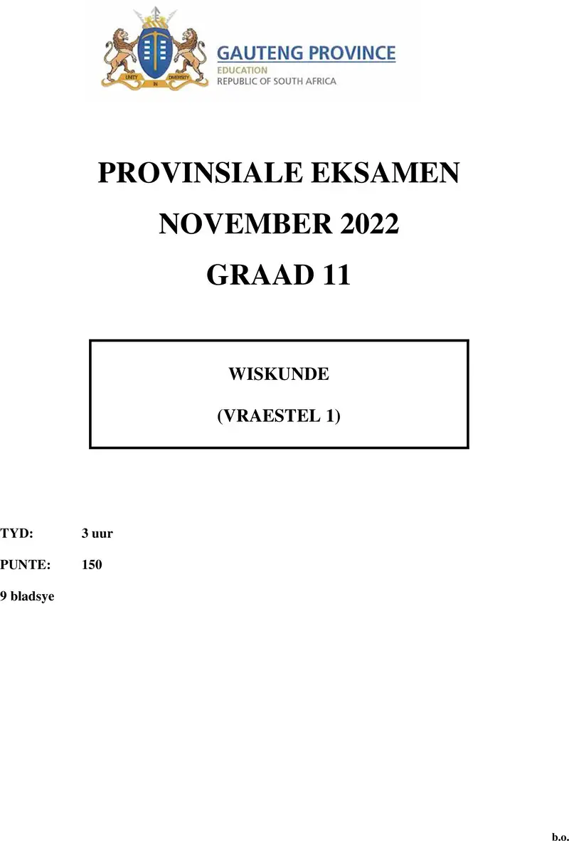 Grade 11 Mathematics past paper 2022 – grade 11 provincial exam mathematics p1 afr november 2022 qp