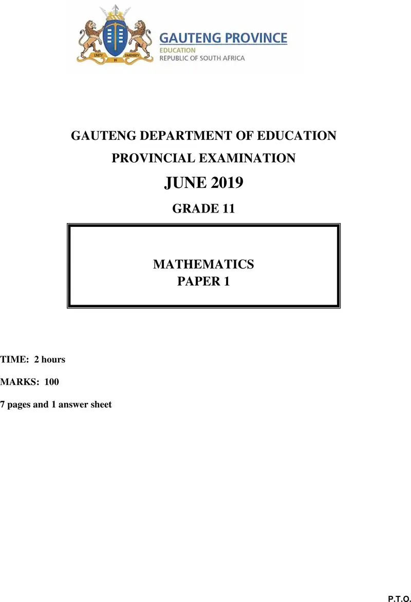 Grade 11 Provincial Exam Mathematics P1 Ng June 2019 QP