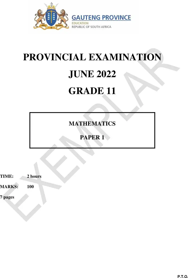 Grade 11 Provincial Exam Mathematics P1 Ng June 2022 QP