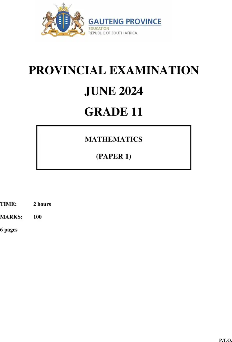 Grade 11 Provincial Exam Mathematics P1 Ng June 2024 QP