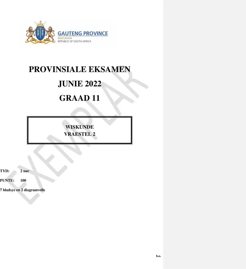 Grade 11 Mathematics past paper 2022 – grade 11 provincial exam mathematics p2 afr june 2022 qp