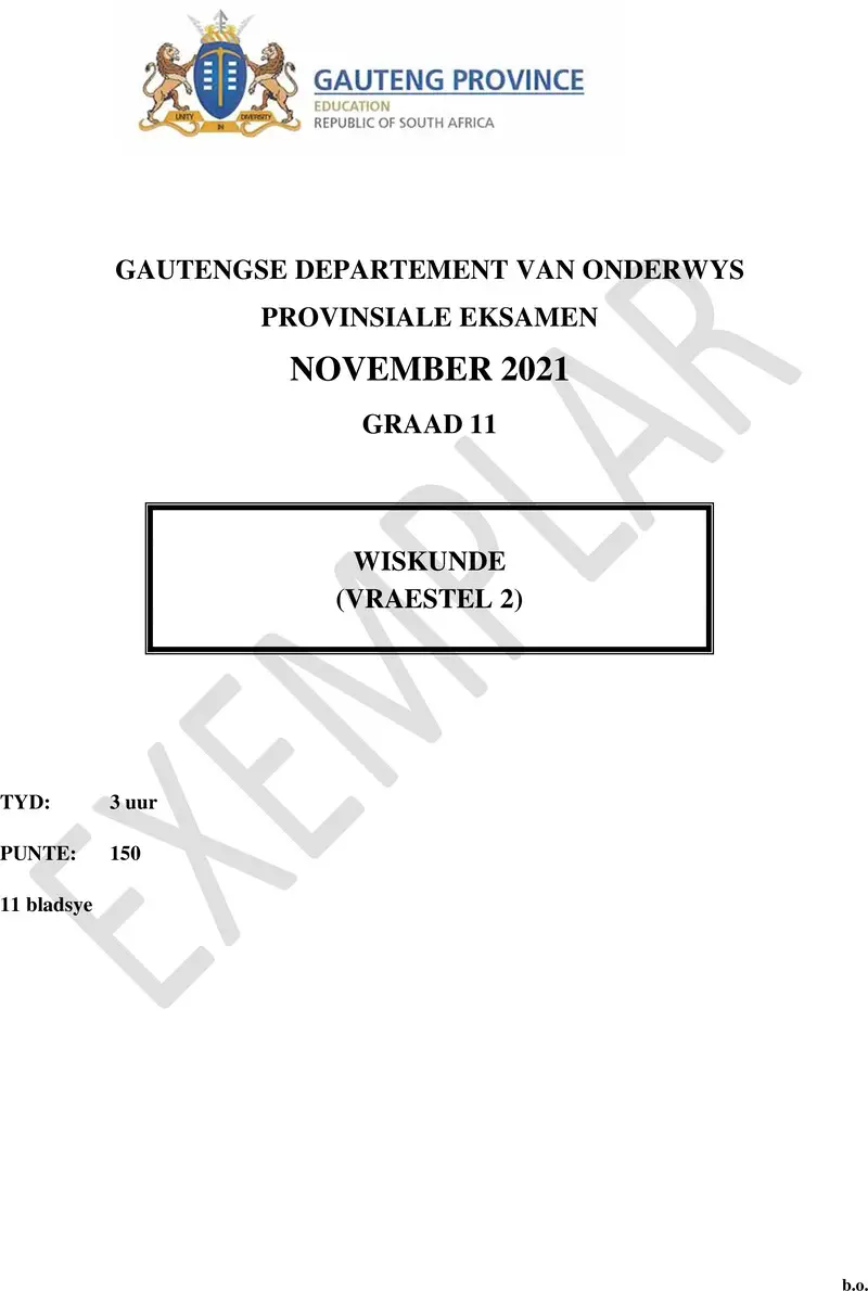 Grade 11 Provincial Exam Mathematics P2 Afr November 2021 QP