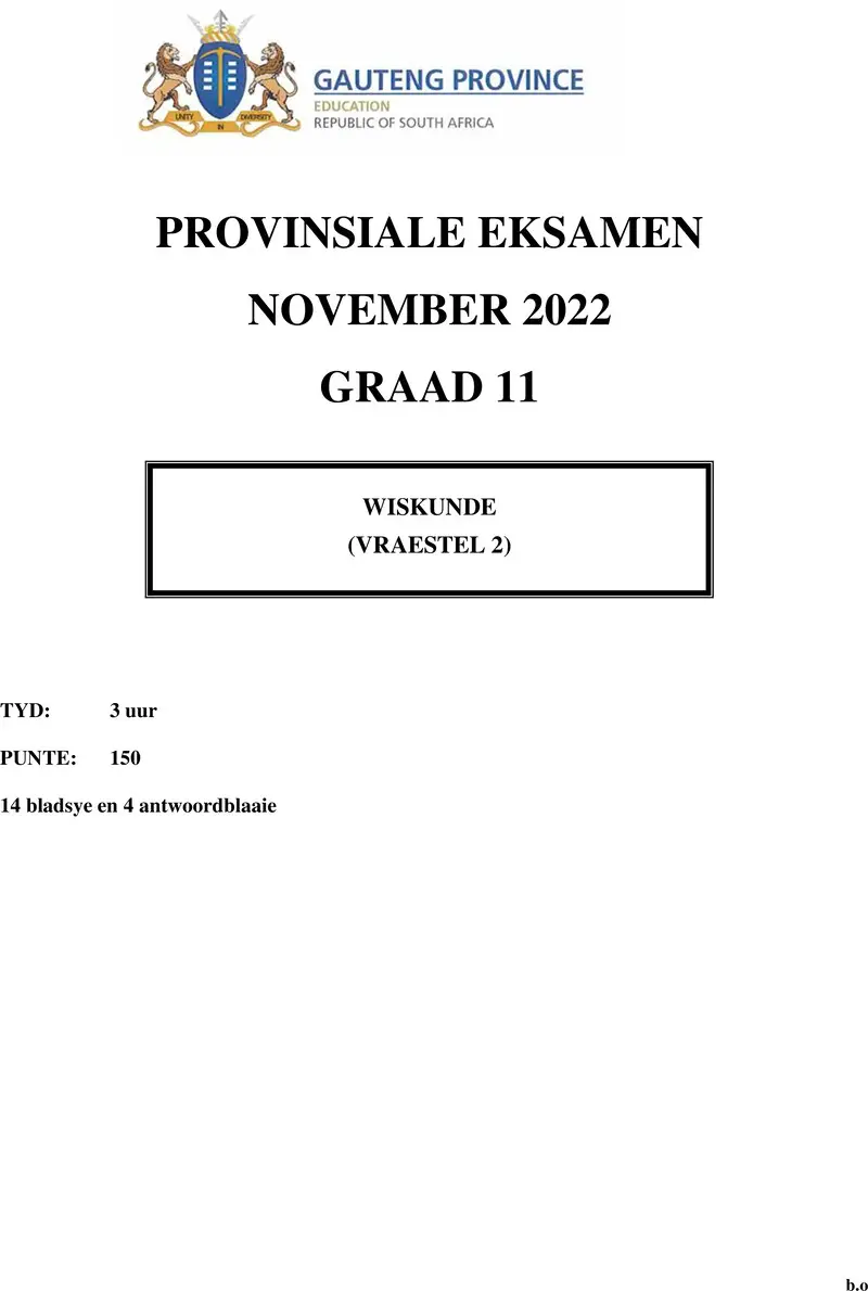 Grade 11 Provincial Exam Mathematics P2 Afr November 2022 QP