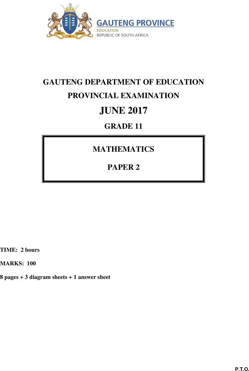 Grade 11 Provincial Exam Mathematics P2 June 2017 QP