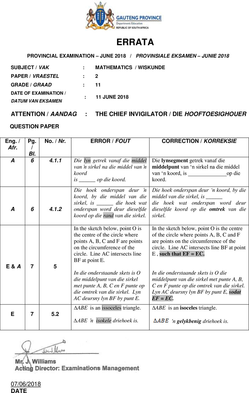 Grade 11 Provincial Exam Mathematics P2 June 2018 QP Errata