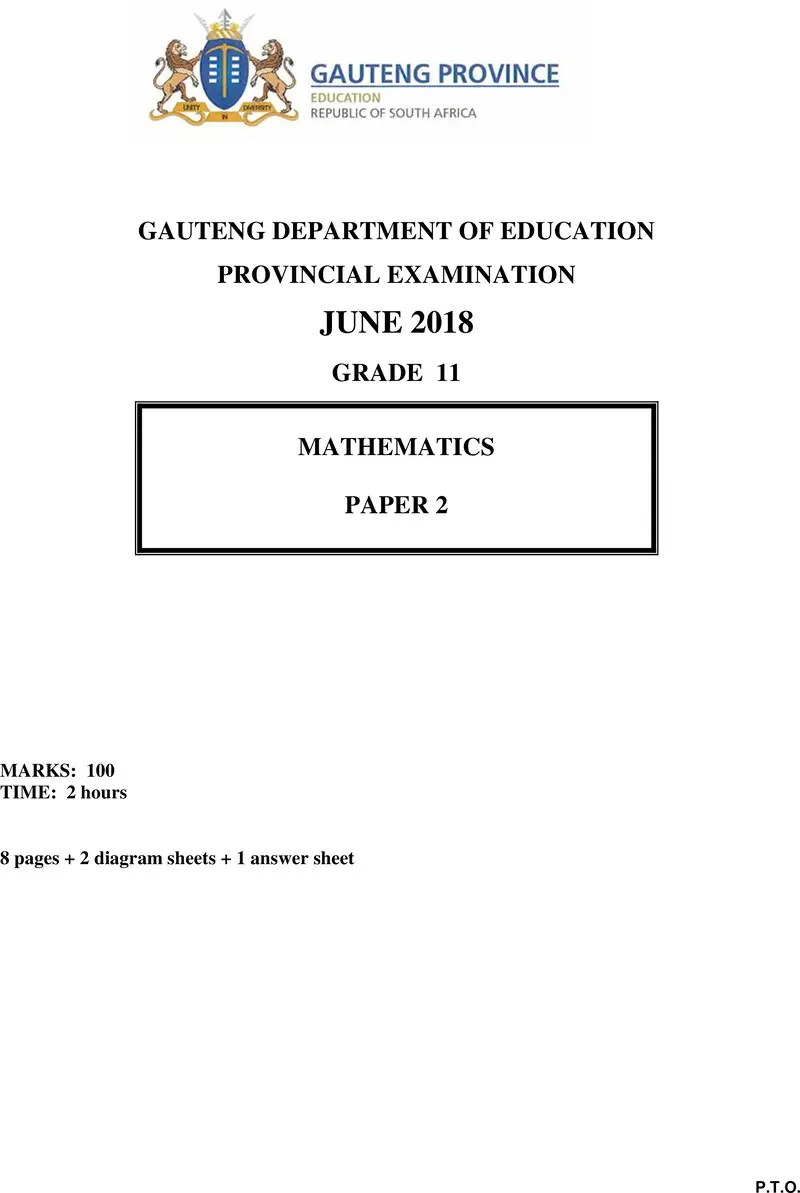 Grade 11 Provincial Exam Mathematics P2 June 2018 QP