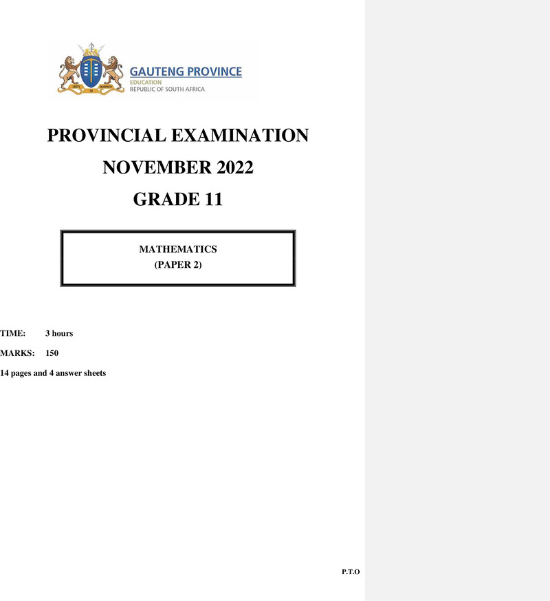Grade 11 Provincial Exam Mathematics P2 Ng November 2022 QP