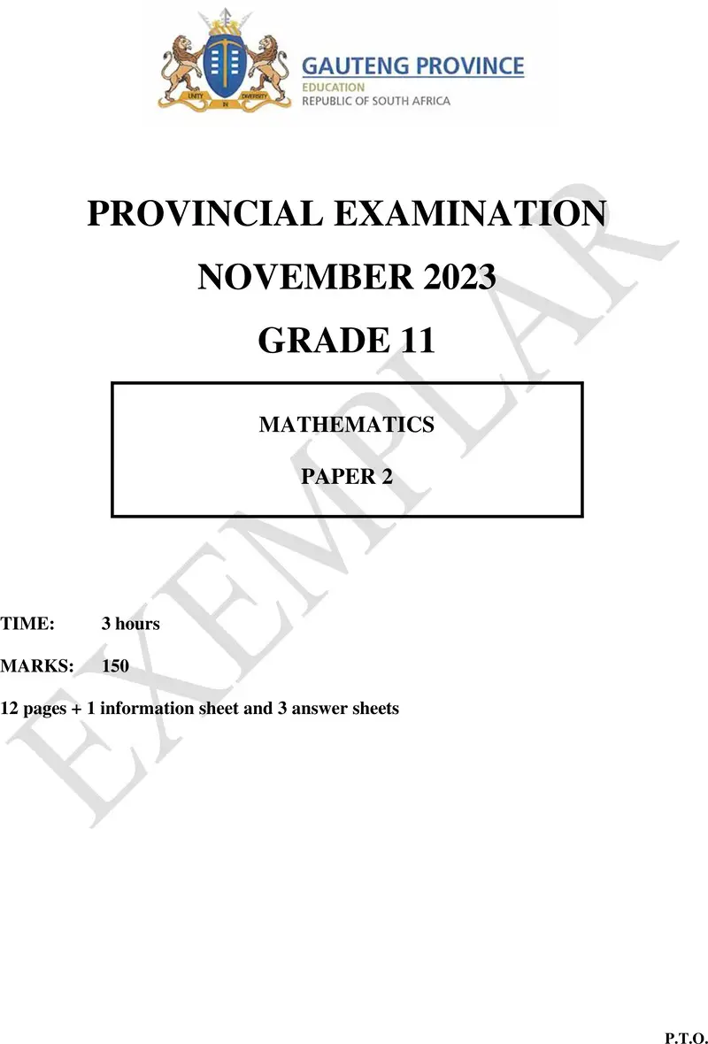 Grade 11 Provincial Exam Mathematics P2 Ng November 2023 QP