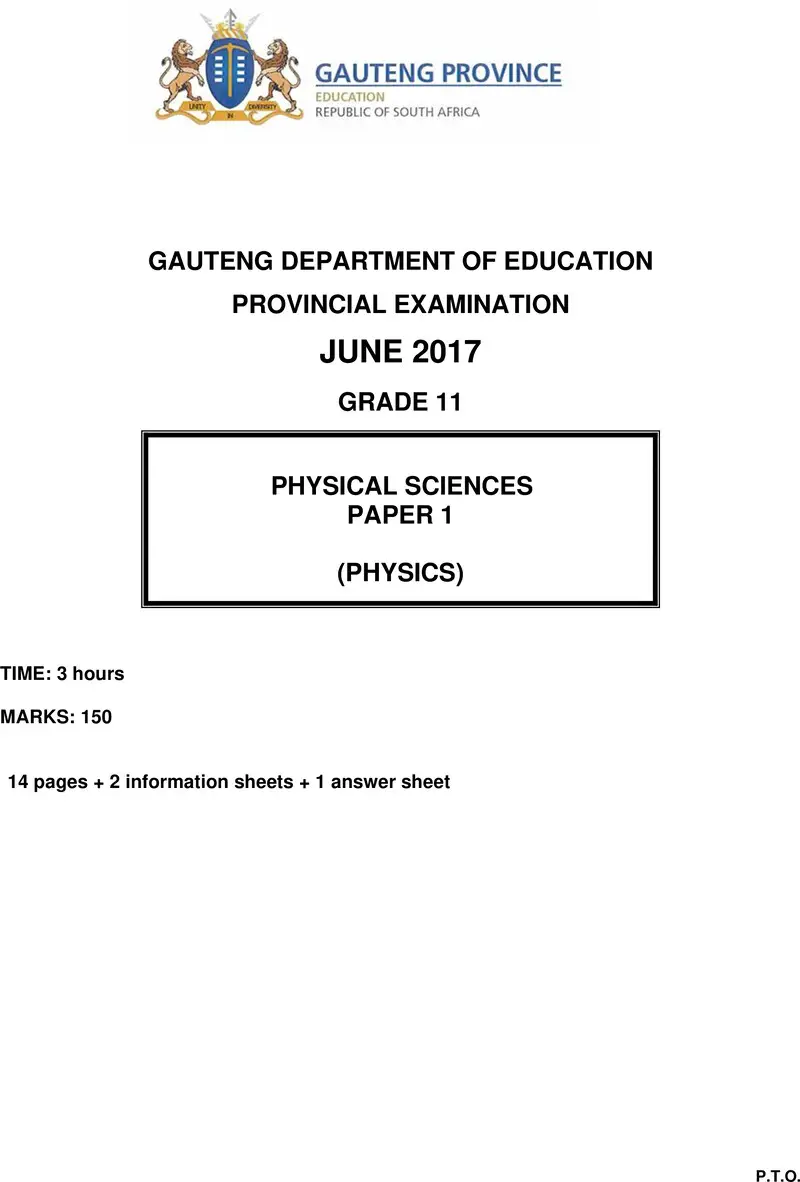 Grade 11 Provincial Exam Physical Sciences P1 June 2017 QP