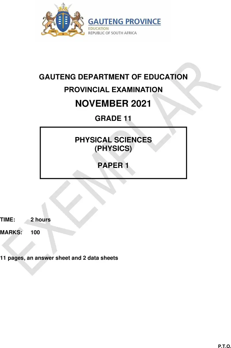 Grade 11 Provincial Exam Physical Sciences P1 Ng November 2021 QP