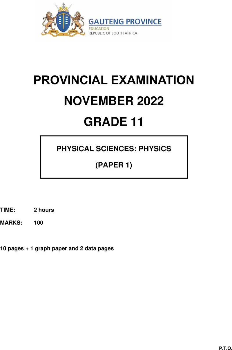 Grade 11 Provincial Exam Physical Sciences P1 Ng November 2022 QP
