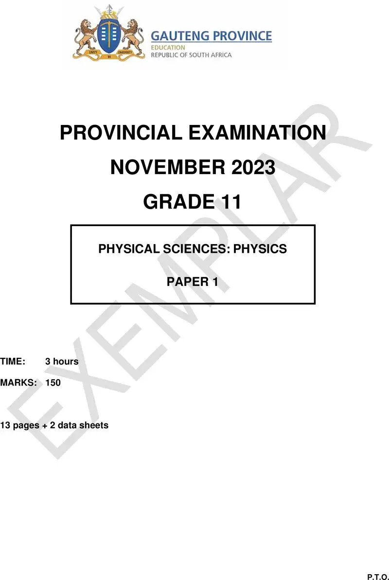 Grade 11 Provincial Exam Physical Sciences P1 Ng November 2023 QP