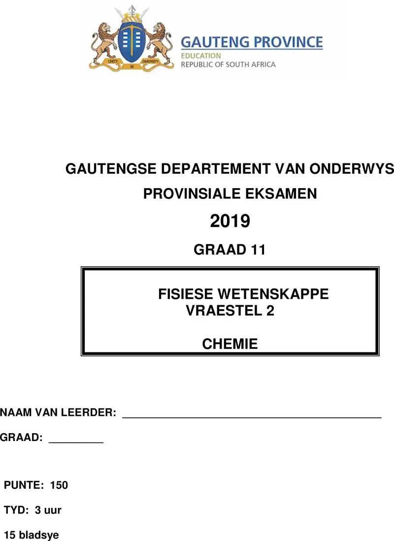 Grade 11 Provincial Exam Physical Sciences P2 Afr June 2019 QP