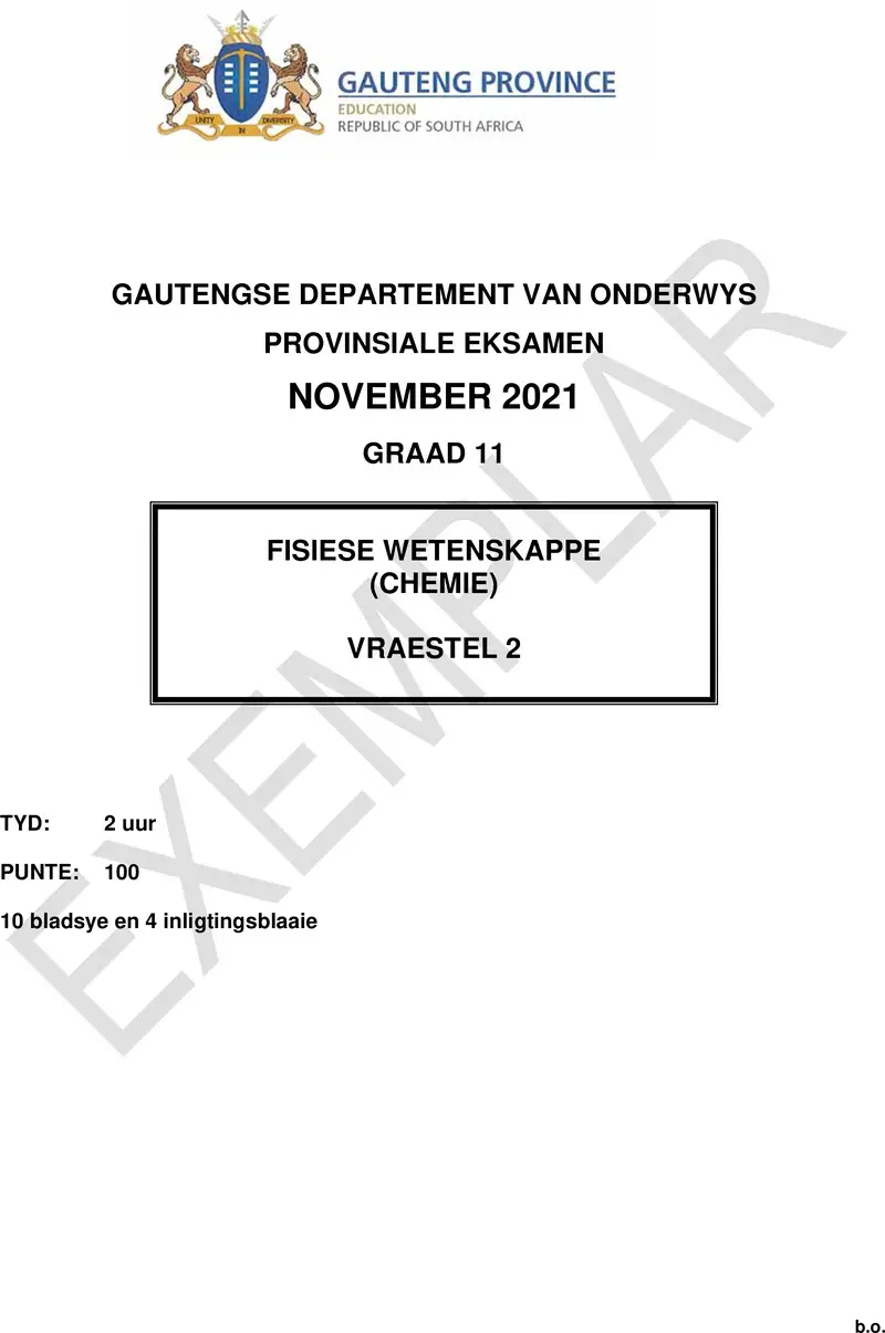 Grade 11 Provincial Exam Physical Sciences P2 Afr November 2021 QP