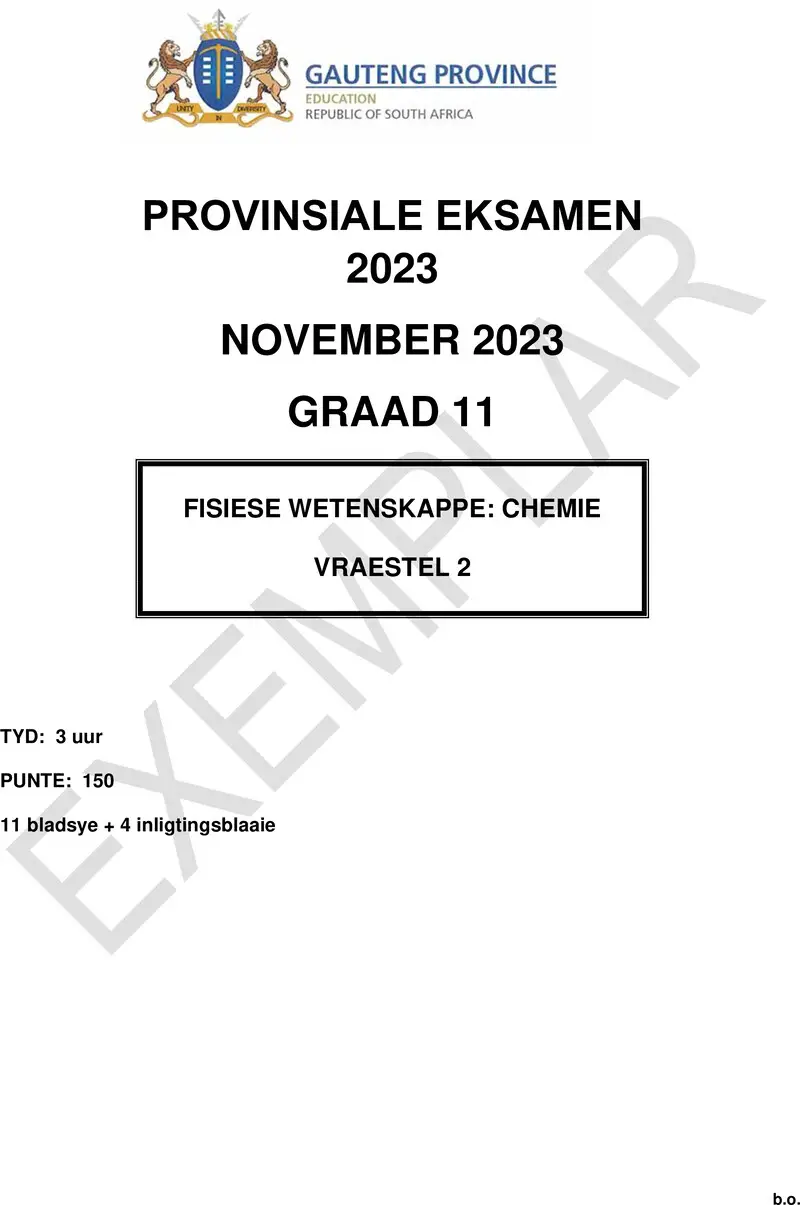 Grade 11 Provincial Exam Physical Sciences P2 Afr November 2023 QP