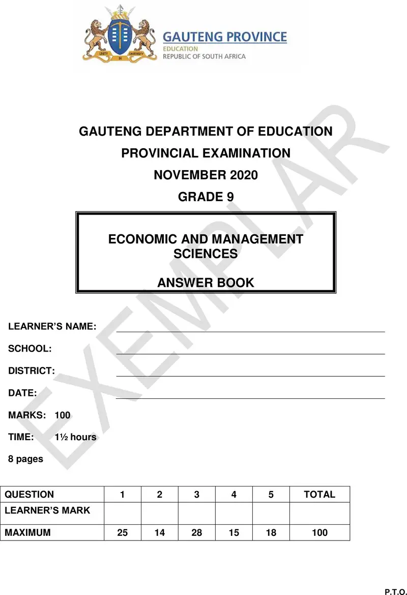 Grade 9 Provincial Exam Economic And Management Sciences Ng 2020 Exemplars Answer Book
