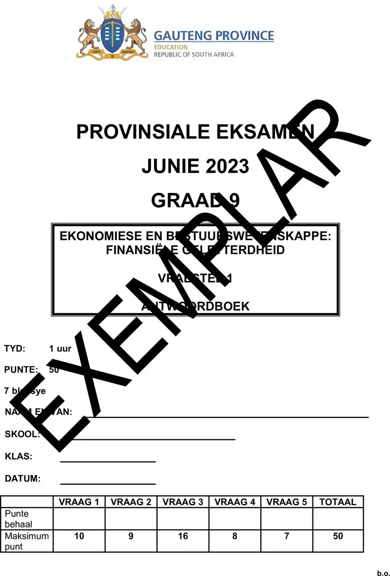 Grade 9 Provincial Exam Economics And Management Sciences P1 Afr June 2023 Answerbook
