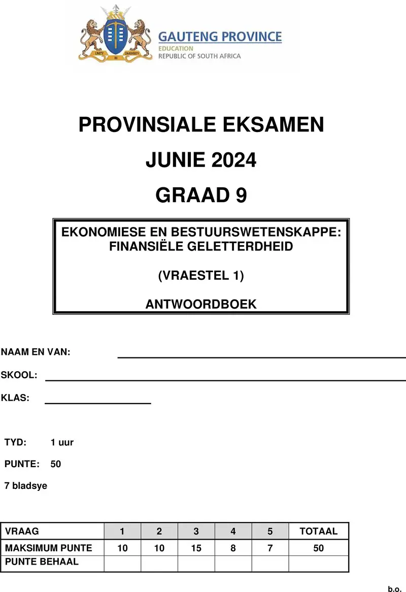 Grade 9 Provincial Exam Economics And Management Sciences P1 Afr June 2024 Answer Book