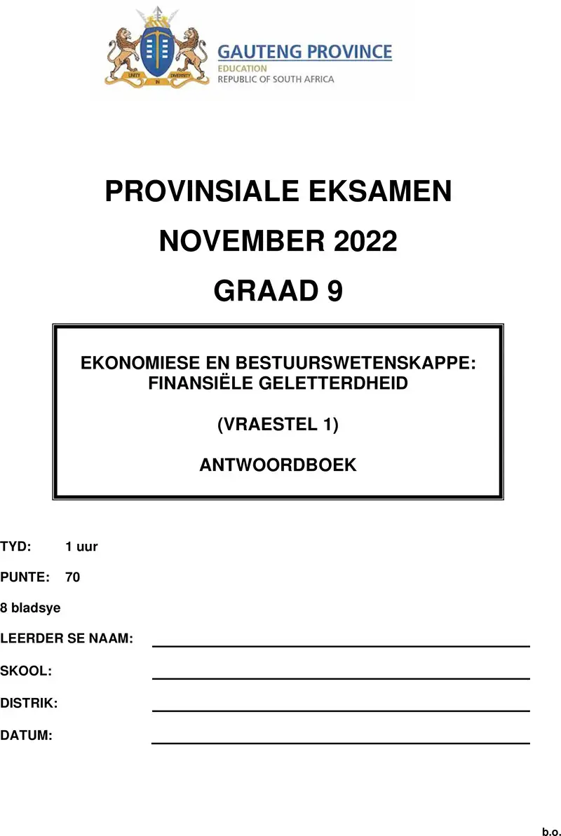 Grade 9 Provincial Exam Economics And Management Sciences P1 Afr November 2022 Answer Book