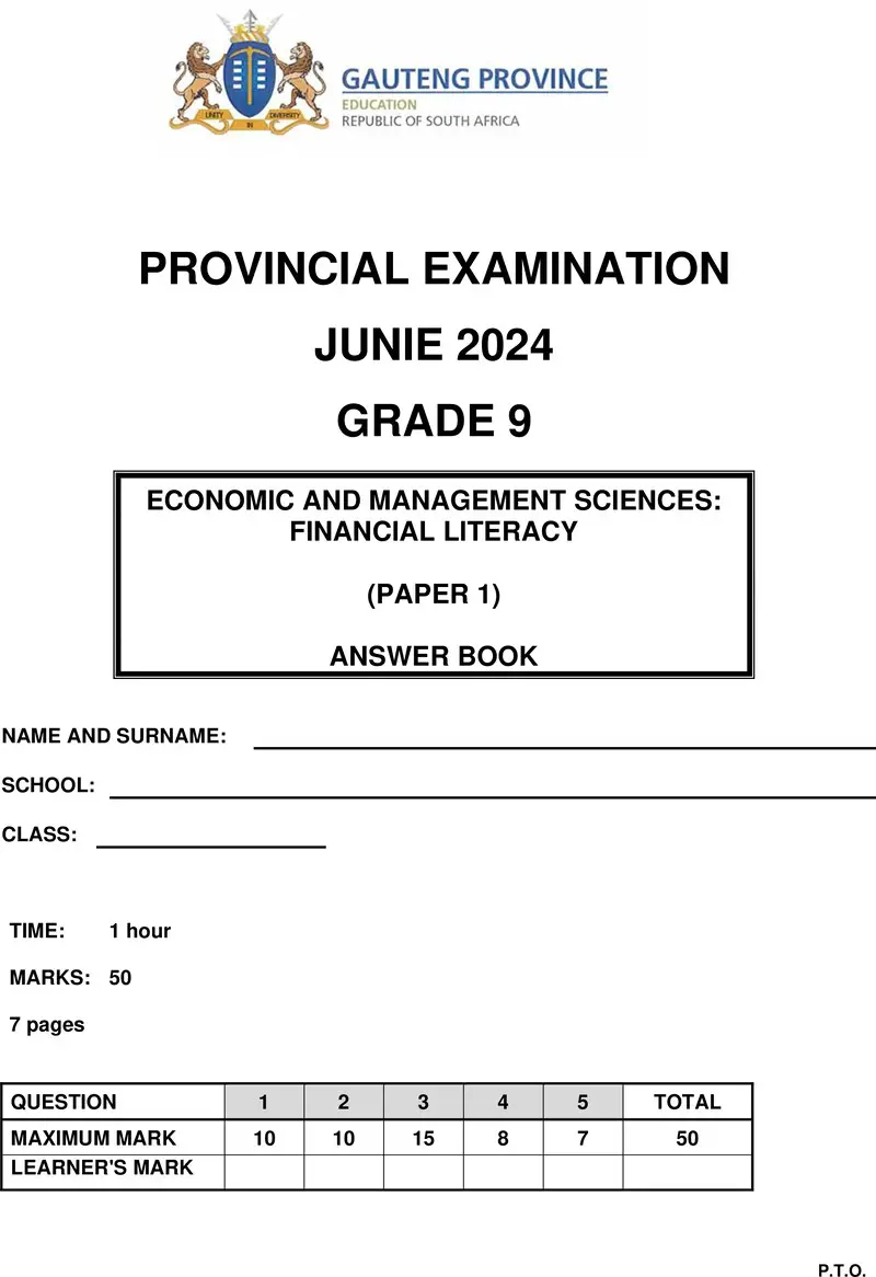 Grade 9 Provincial Exam Economics And Management Sciences P1 Ng June 2024 Answer Book