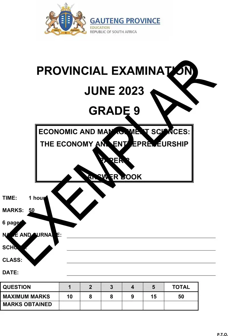 Grade 9 Provincial Exam Economics And Management Sciences P2 Afr June 2023 Answerbook