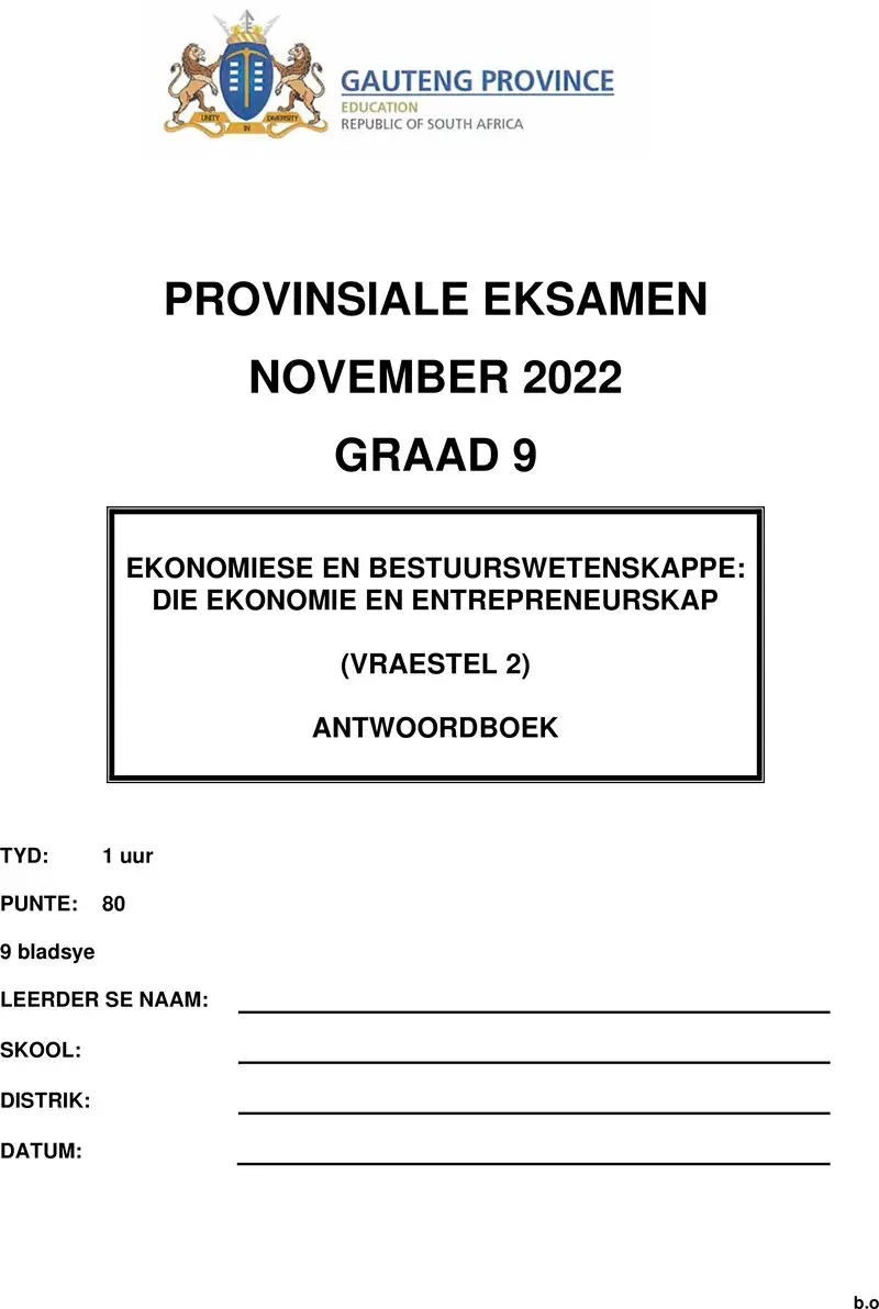Grade 9 Provincial Exam Economics And Management Sciences P2 Afr November 2022 Answer Book