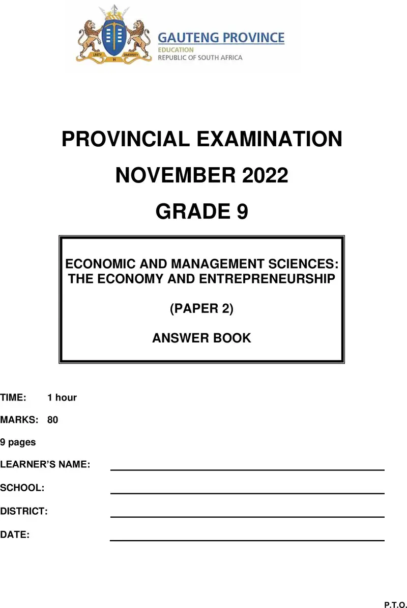 Grade 9 Provincial Exam Economics And Management Sciences P2 Ng November 2022 Answer Book
