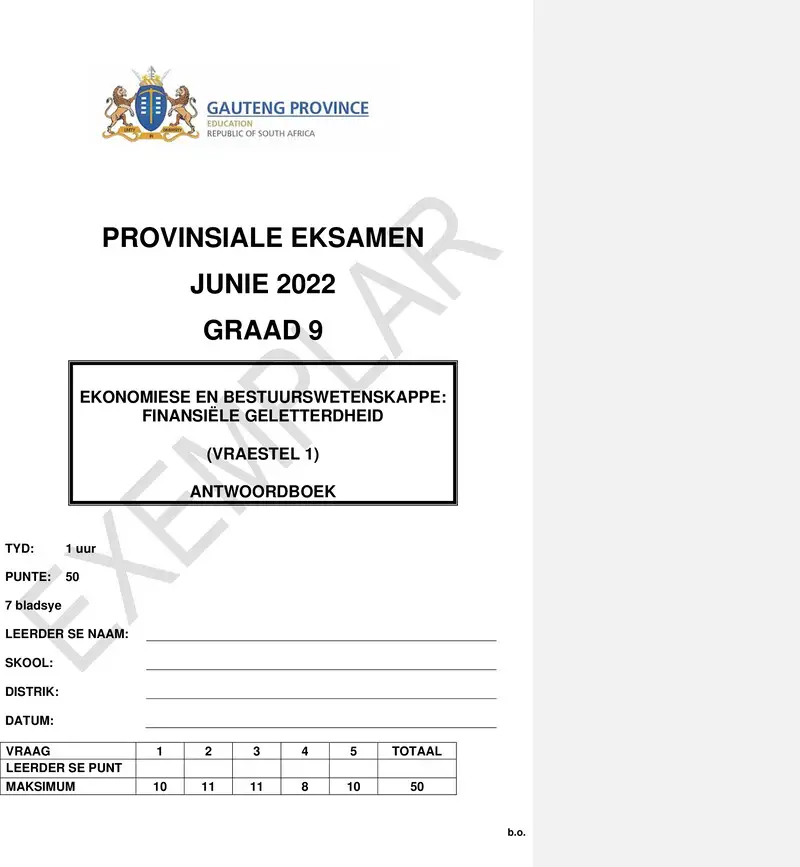 Grade 9 Economics Management And Science past paper 2022 – grade 9 provincial exam economics management and sciences p1 afr june 2022 answer book