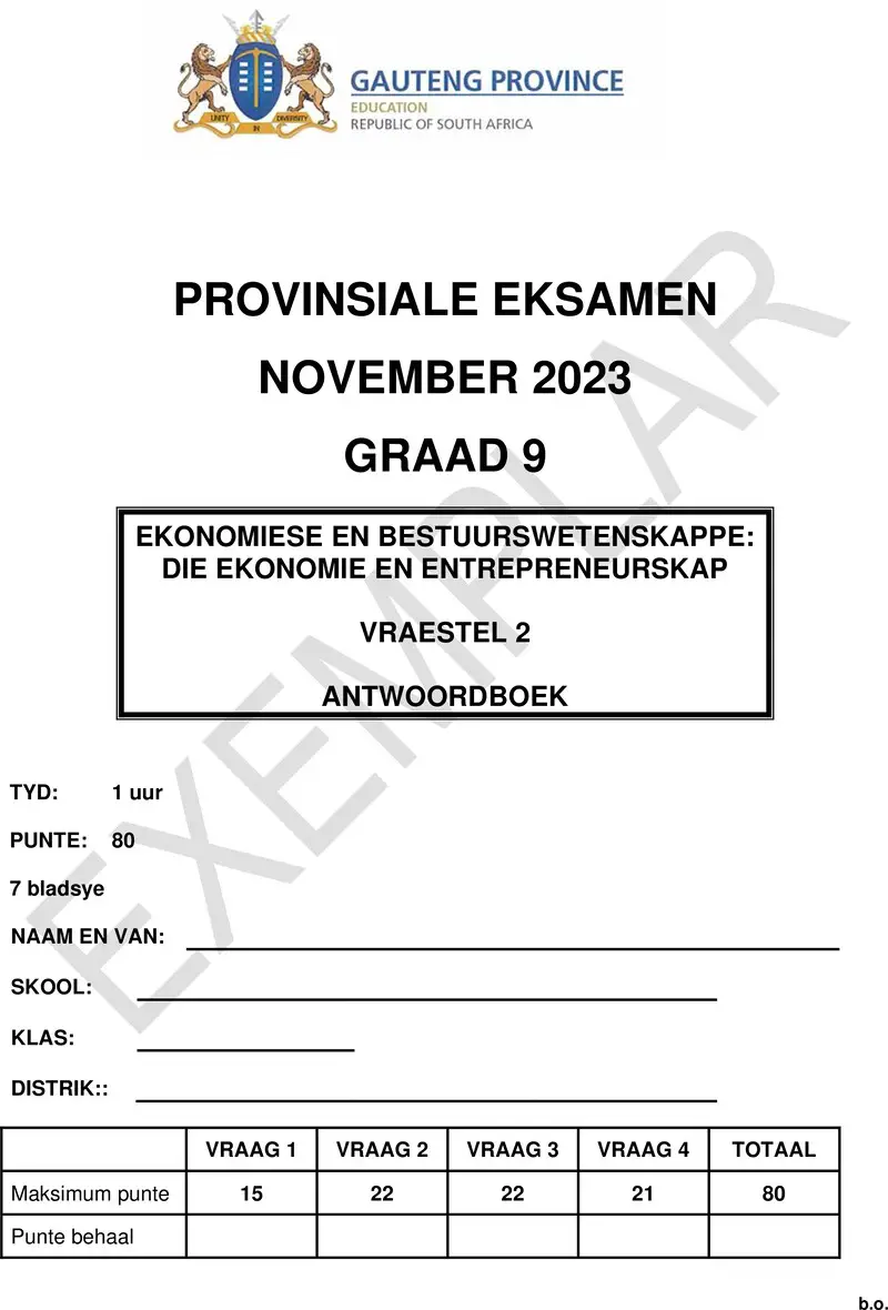 Grade 9 Economics Management And Science past paper 2023 – grade 9 provincial exam economics management and sciences p2 afr november 2023 answer book