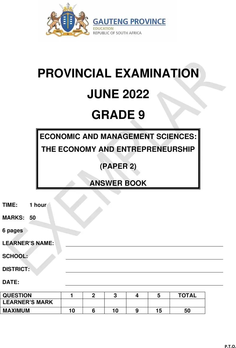 Grade 9 Economics Management And Science past paper 2022 – grade 9 provincial exam economics management and sciences p2 ng june 2022 answer book