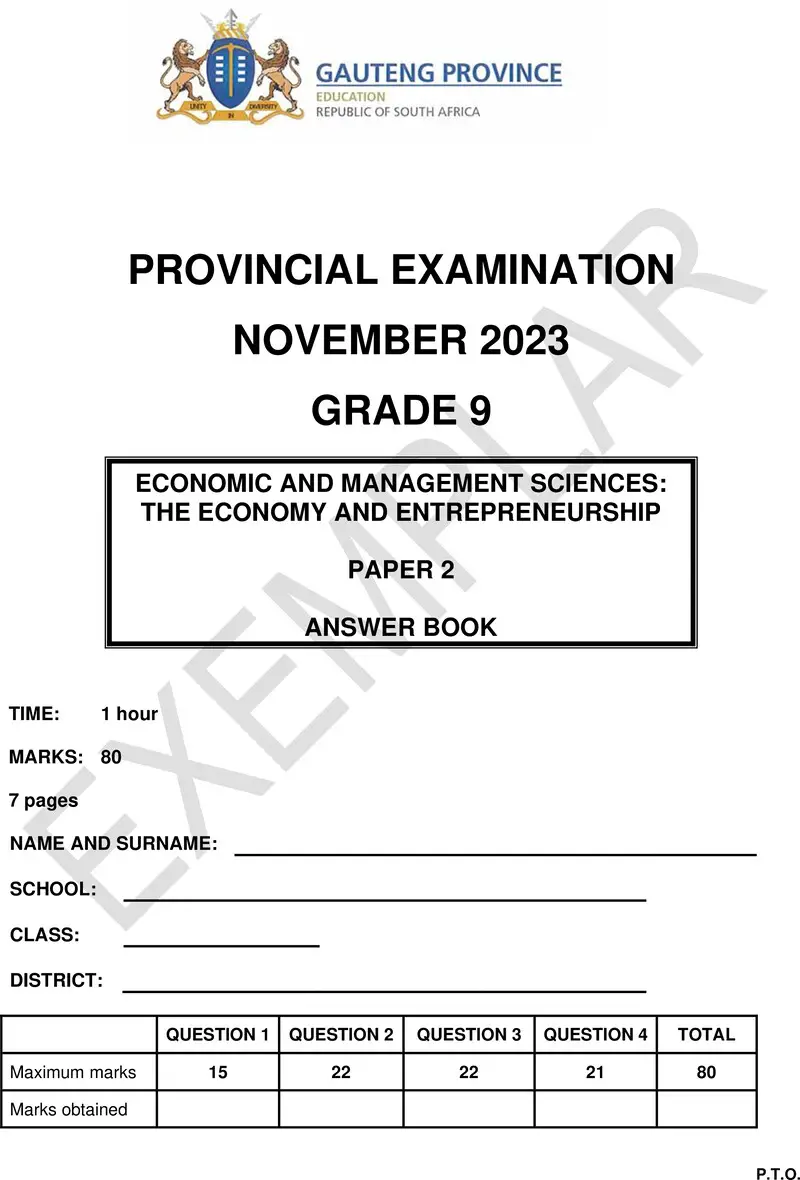 Grade 9 Economics Management And Science past paper 2023 – grade 9 provincial exam economics management and sciences p2 ng november 2023 answer book