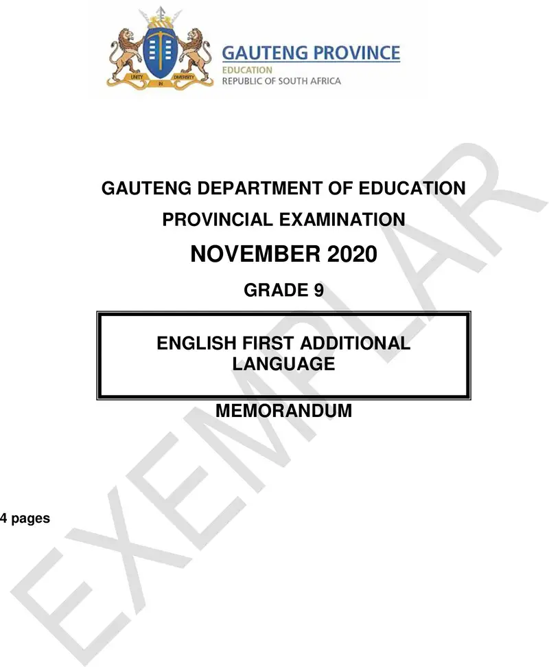 Grade 9 Provincial Exam Ng First Additional Language 2020 Exemplars Possible Answers