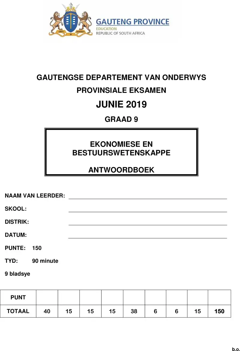 Grade 9 Provincial Exam Economic And Management Sciences Afr June 2019 Answer Book