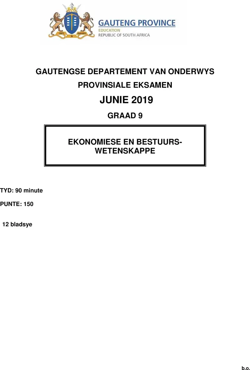 Grade 9 Provincial Exam Economic And Management Sciences Afr June 2019 QP