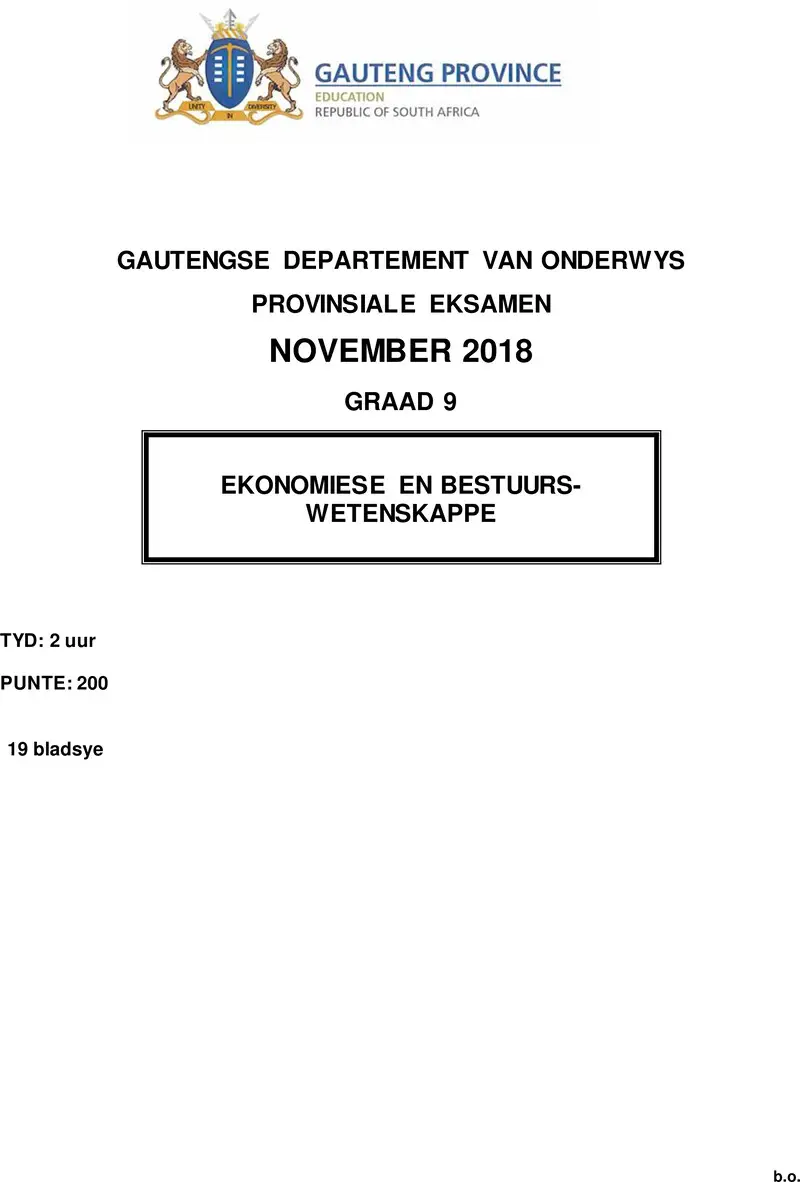 Grade 9 Provincial Exam Economic And Management Sciences Afr November 2018 QP
