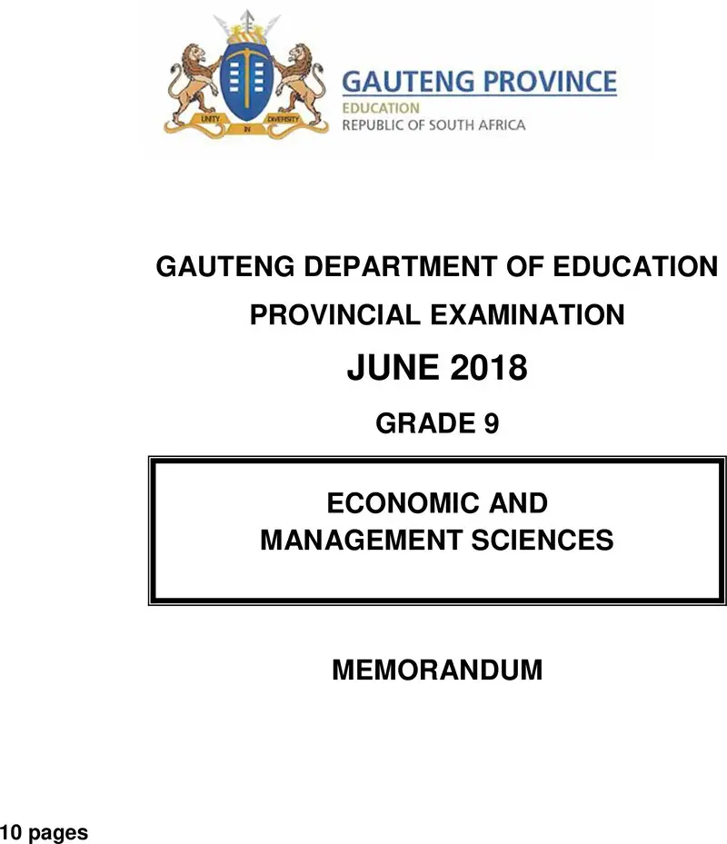 Grade 9 Provincial Exam Economic And Management Sciences Ng June 2018 Possible Answers