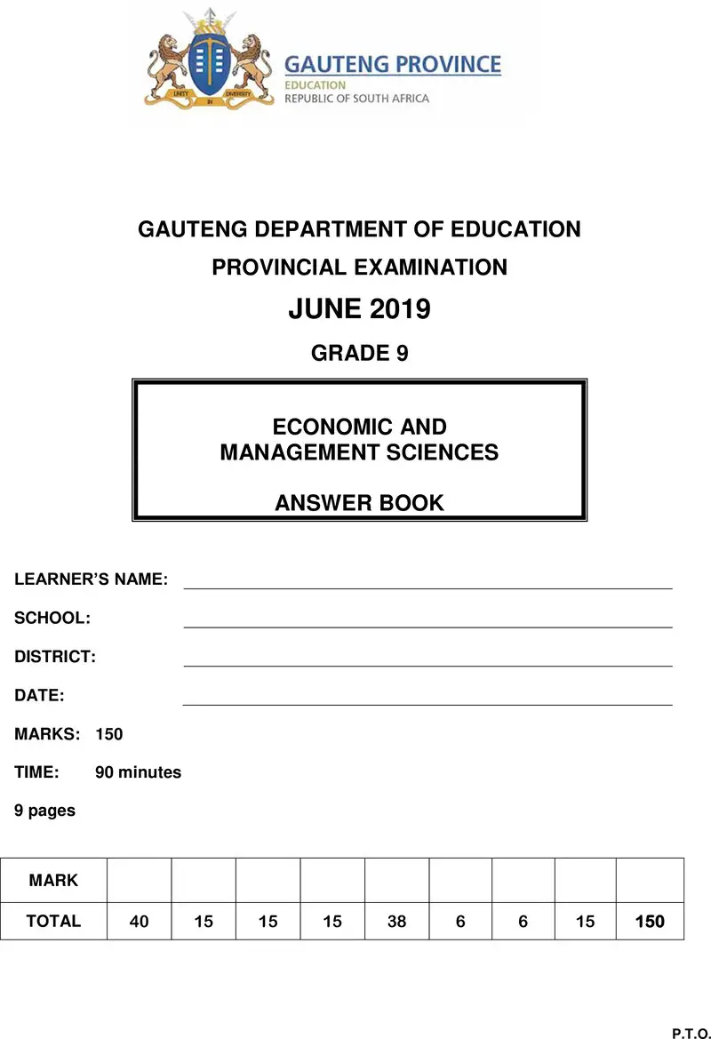 Grade 9 Provincial Exam Economic And Management Sciences Ng June 2019 Answer Book