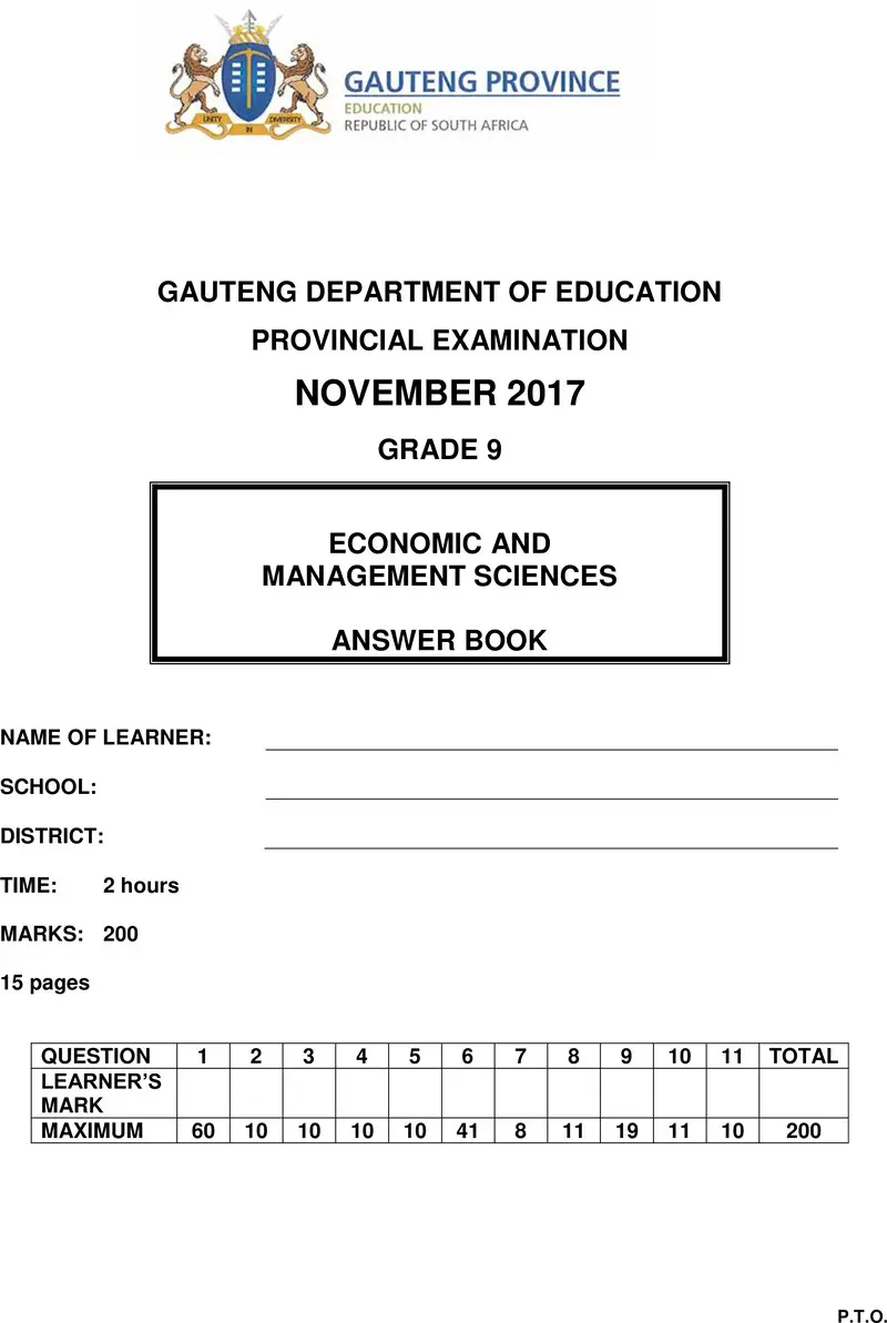 Grade 9 Provincial Exam Economic And Management Sciences Ng November 2017 Possible Answer