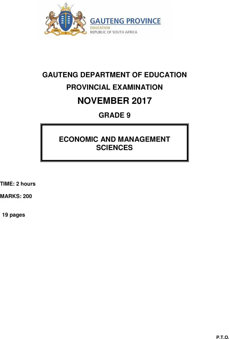 Grade 9 Provincial Exam Economic And Management Sciences Ng November 2017 QP