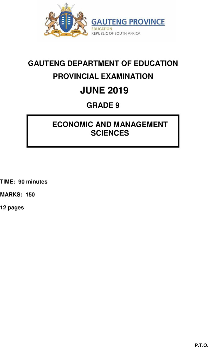 Grade 9 Provincial Exam Economic Management Sciences Ng June 2019 QP