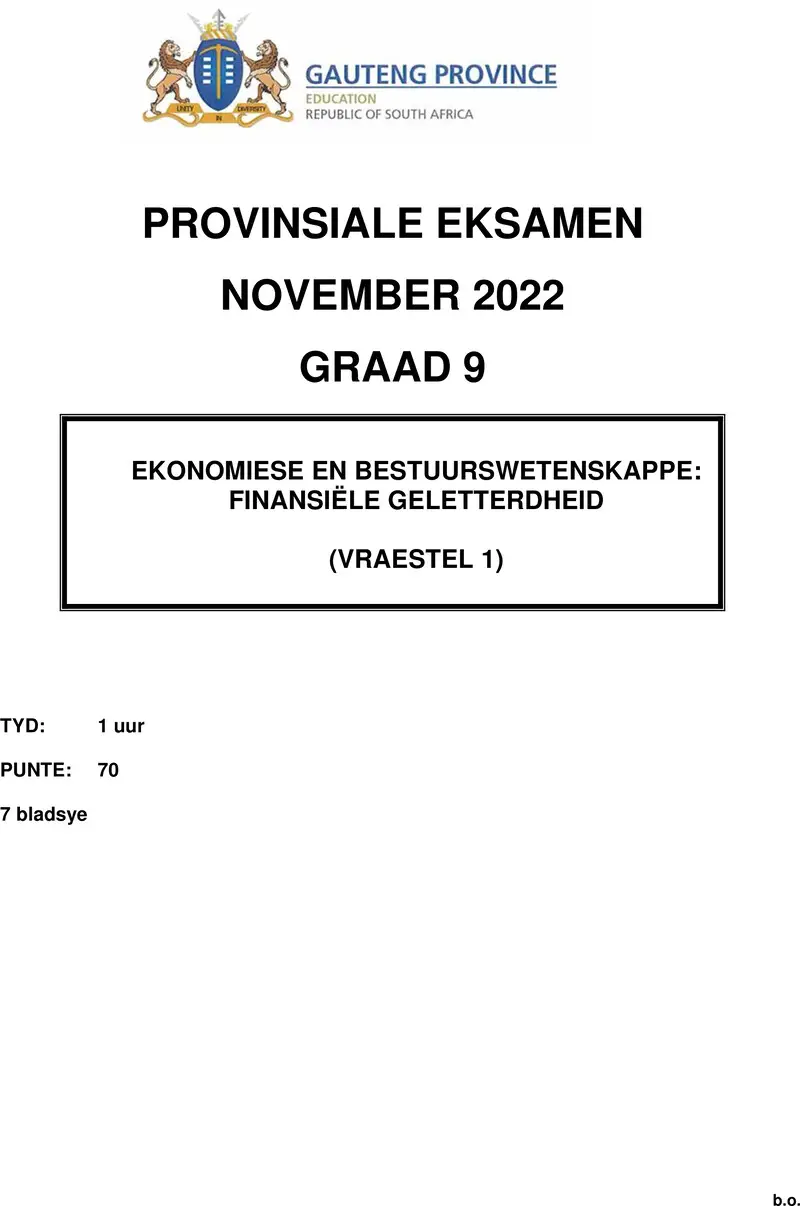 Grade 9 Provincial Exam Economics And Management Sciences P1 Afr November 2022 QP