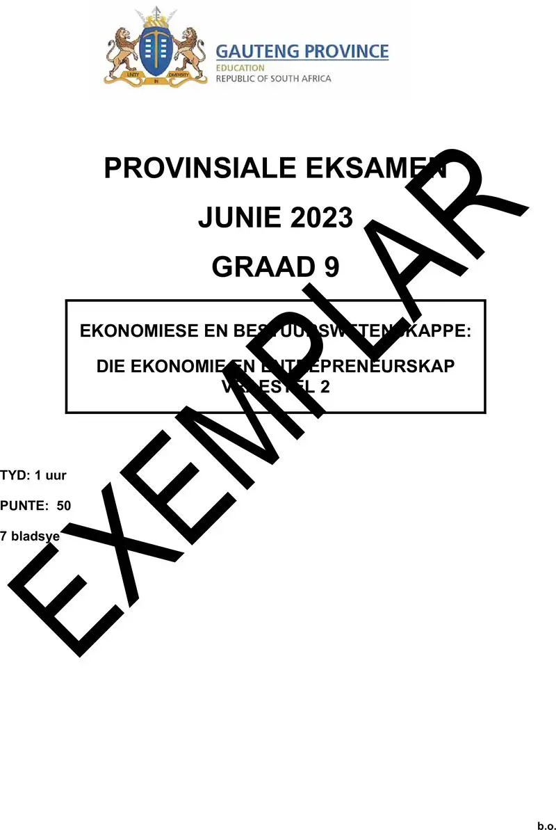 Grade 9 Provincial Exam Economics And Management Sciences P2 Afr June 2023 QP