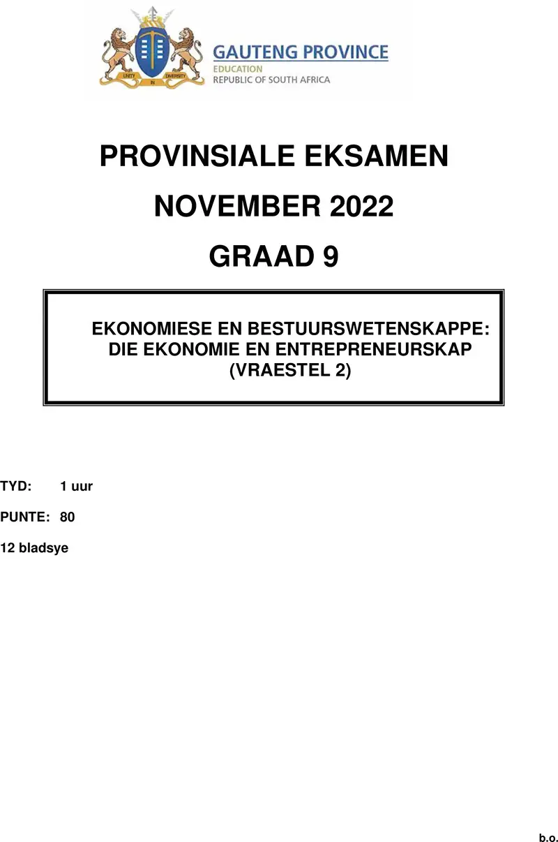 Grade 9 Provincial Exam Economics And Management Sciences P2 Afr November 2022 QP