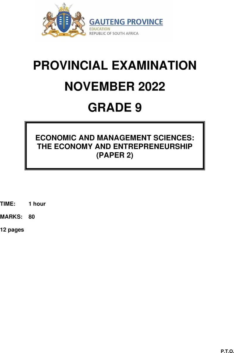 Grade 9 Provincial Exam Economics And Management Sciences P2 Ng November 2022 QP