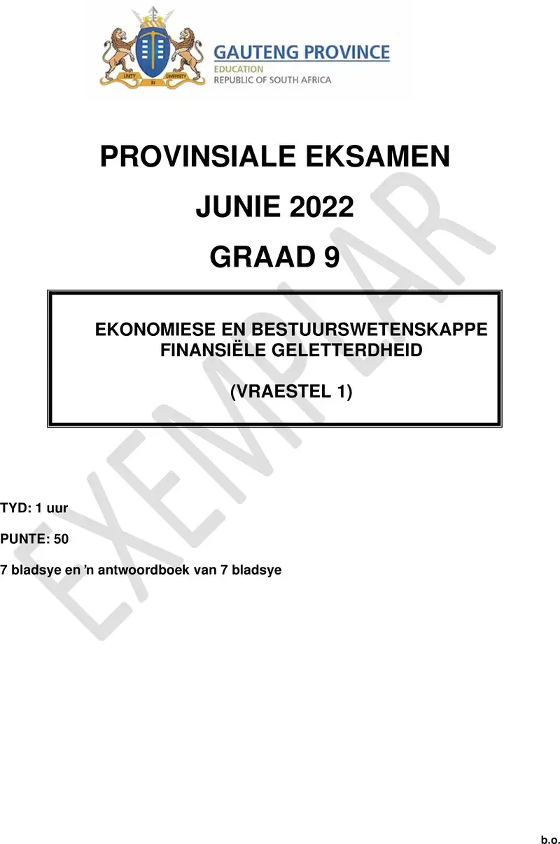 Grade 9 Provincial Exam Economics Management And Sciences P1 Afr June 2022 QP