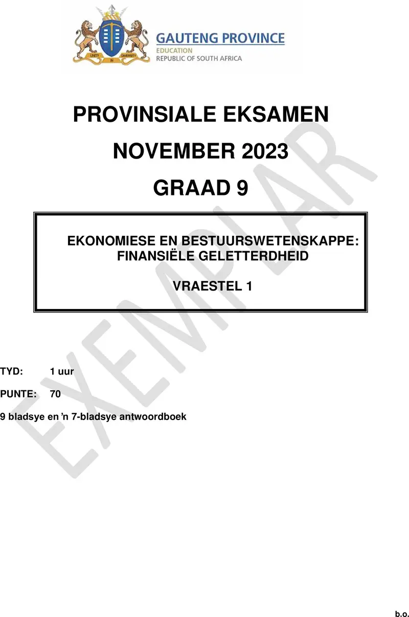 Grade 9 Provincial Exam Economics Management And Sciences P1 Afr November 2023 QP